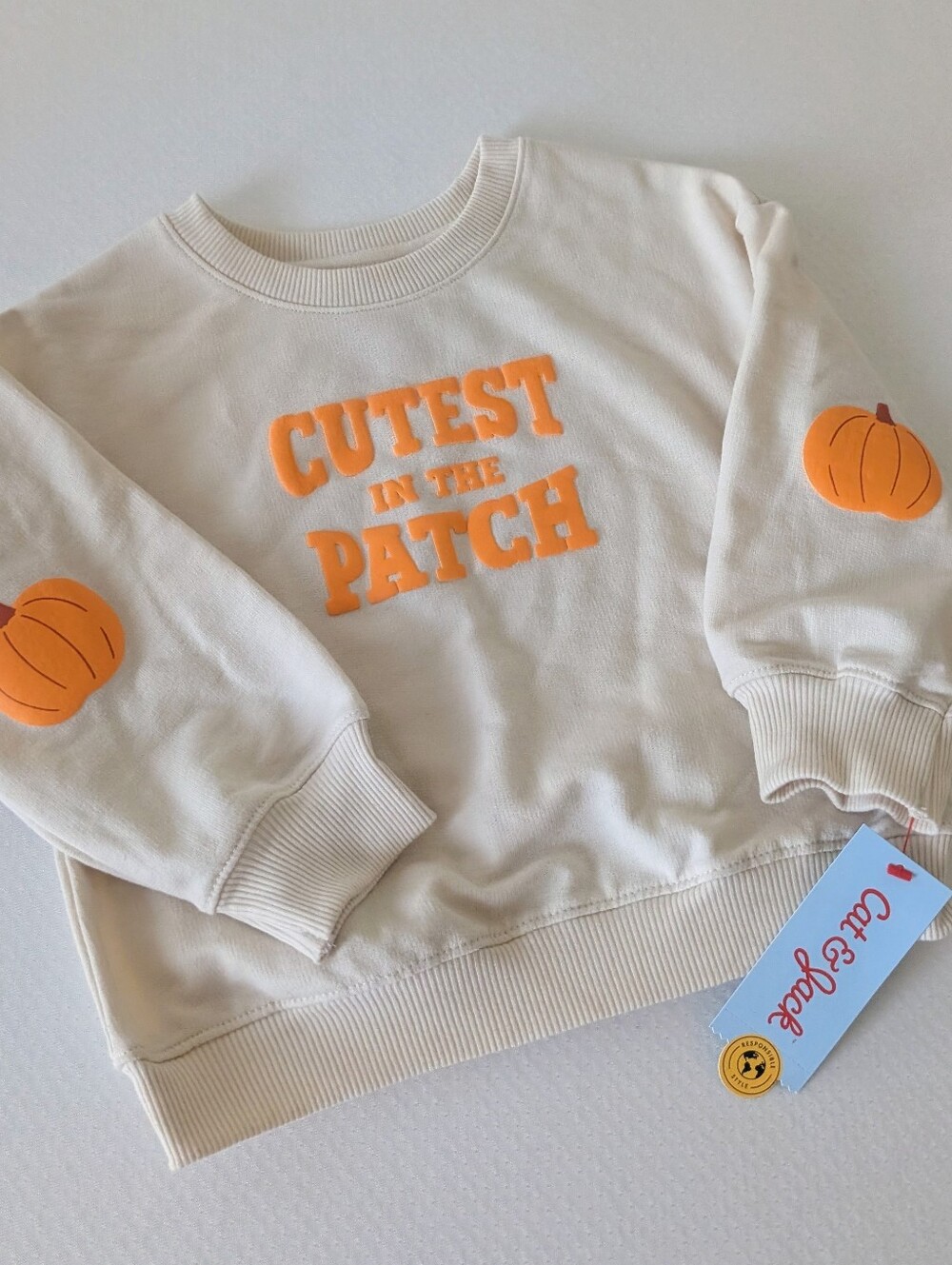 NWT cream Cat & Jack Cutest in the Patch crewneck sweatshirt pumpkin sleeve 2T